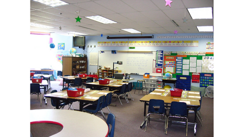 This is a Ranch View classroom with desks in a cluster around the room. Posters hanging on the wall. 